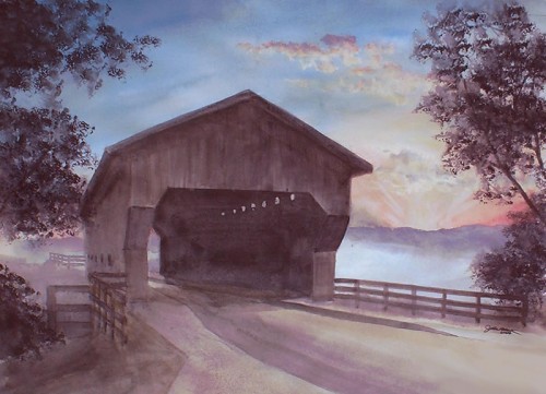 Covered bridge at dawn, Greenup, IL